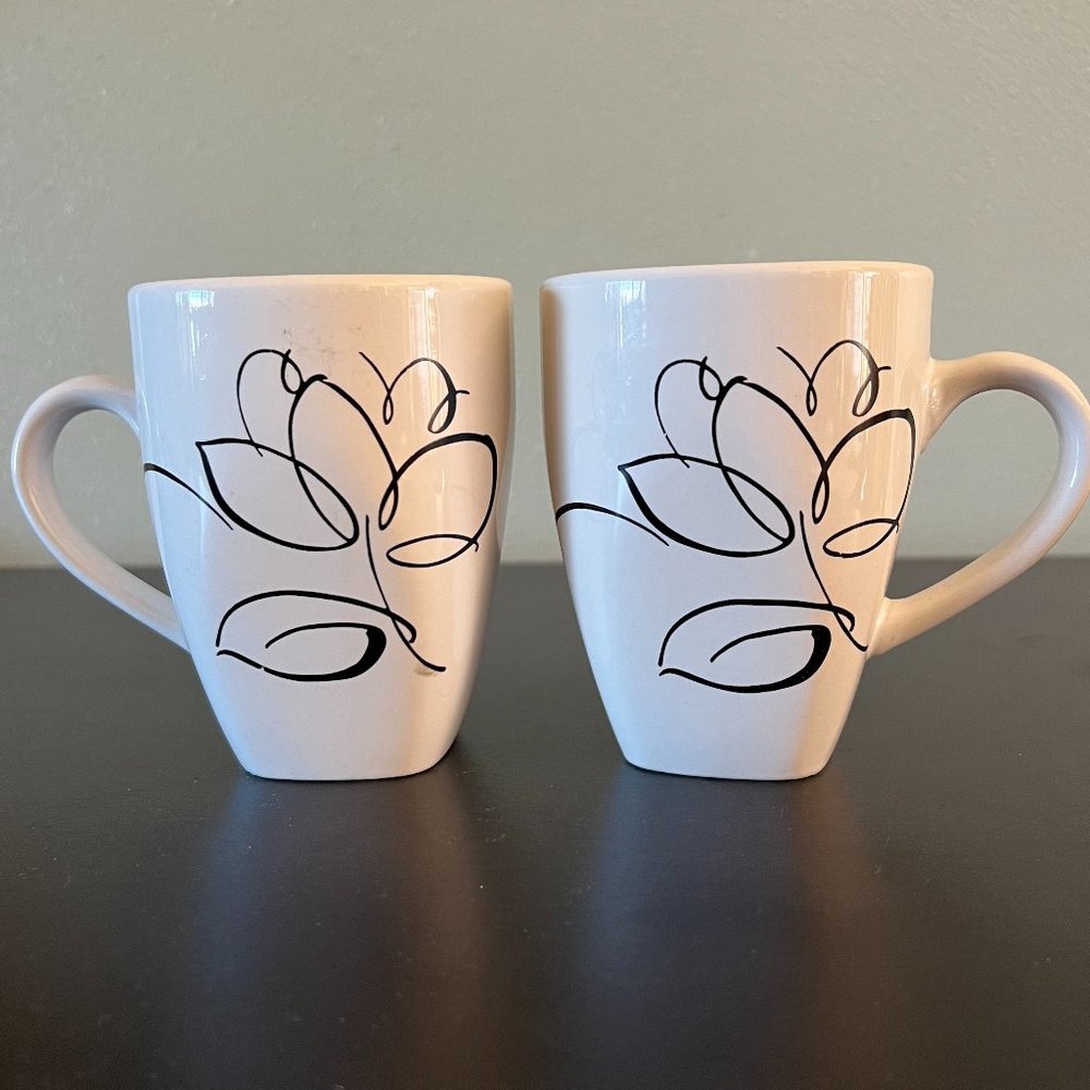 Envision Studio Abstract Floral Ceramic Coffee Mugs Black White Set of 2 Cups